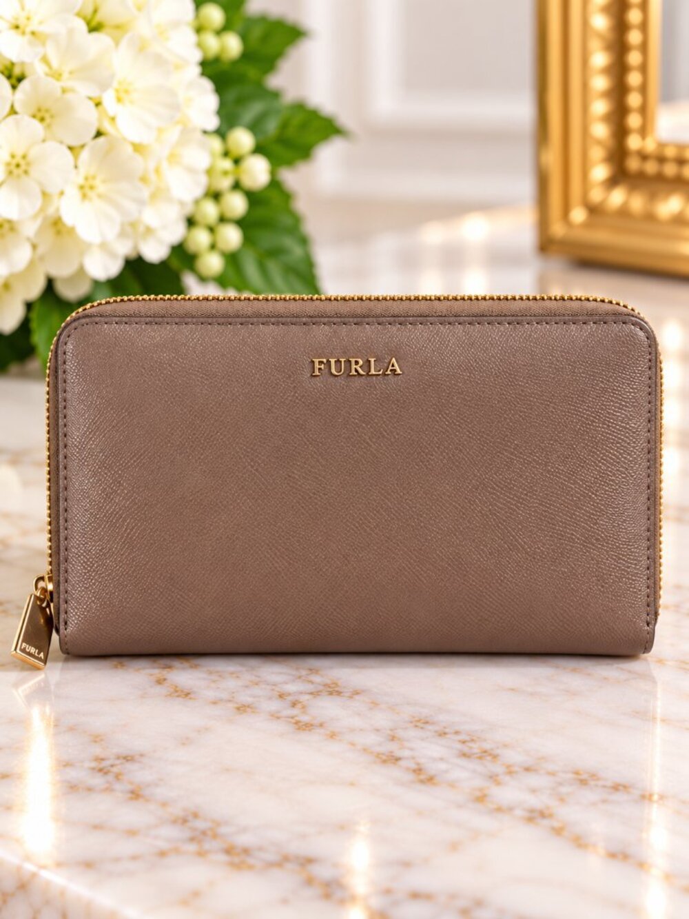 Furla Taupe Saffiano Leather Zip Around Continental Wallet Gold Logo - Women